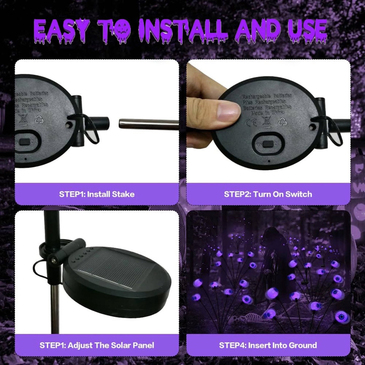 Morfone Halloween Decorations Outdoor, 2 Pack 12 LEDs Solar Scary Eyeball Lights, Waterproof Eyeball Swaying Firefly Lights, Halloween Path Lights for Garden Yard Party, Purple