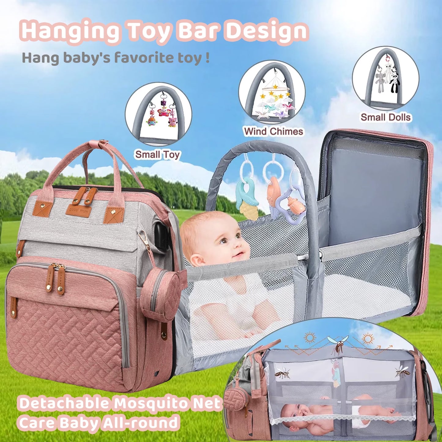 Morfone Diaper Bag Backpack with Changing Station, Waterproof Large Capacity Baby Bag with USB Charging Port & Pacifier Case - Unisex, Pink Gray
