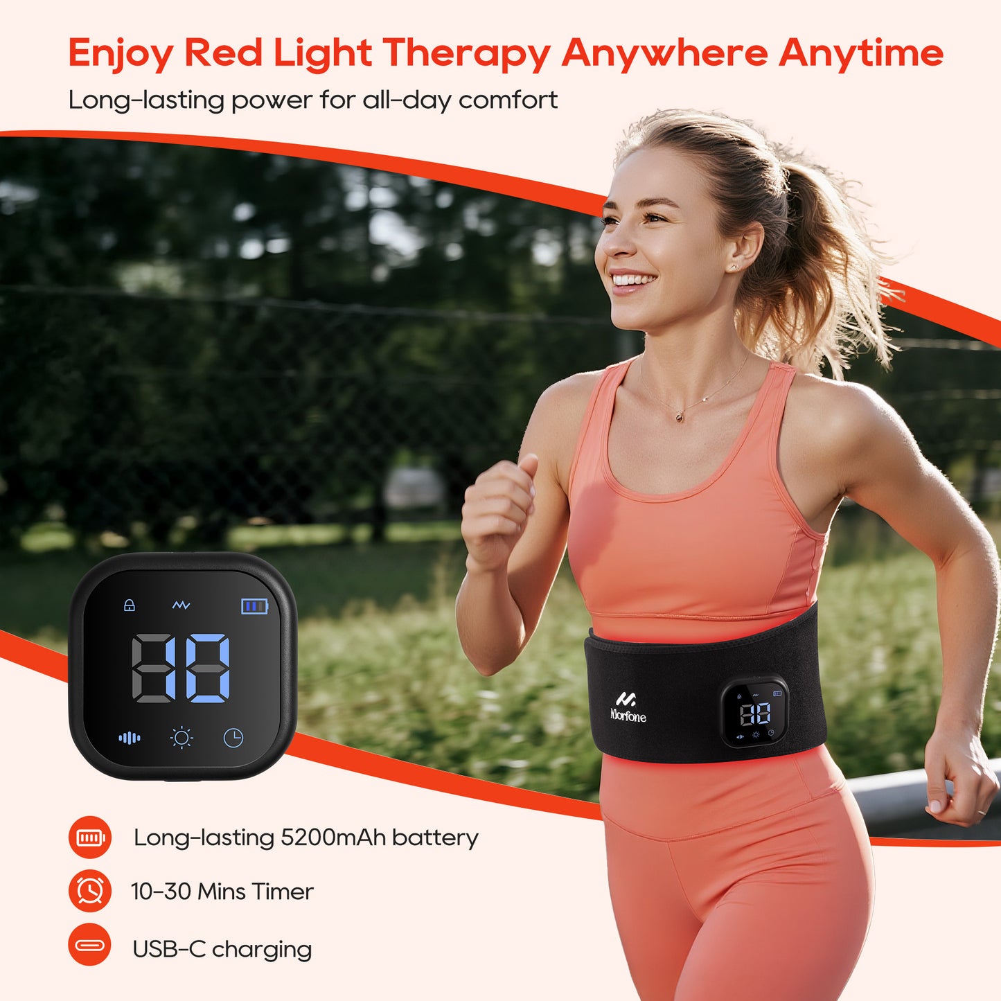 Morfone Cordless Red Light Belt with 3 Heat & 4 Vibration Massage, 660nm & 850n Infrared Red Light Back Massager Belt, Heating Pad for Back Waist Shoulder Leg Knee
