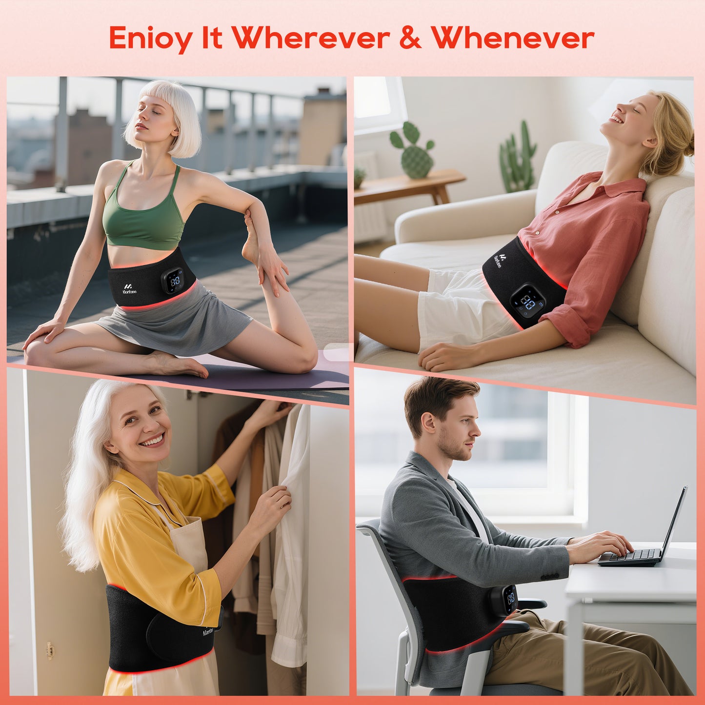 Morfone Cordless Red Light Belt with 3 Heat & 4 Vibration Massage, 660nm & 850n Infrared Red Light Back Massager Belt, Heating Pad for Back Waist Shoulder Leg Knee