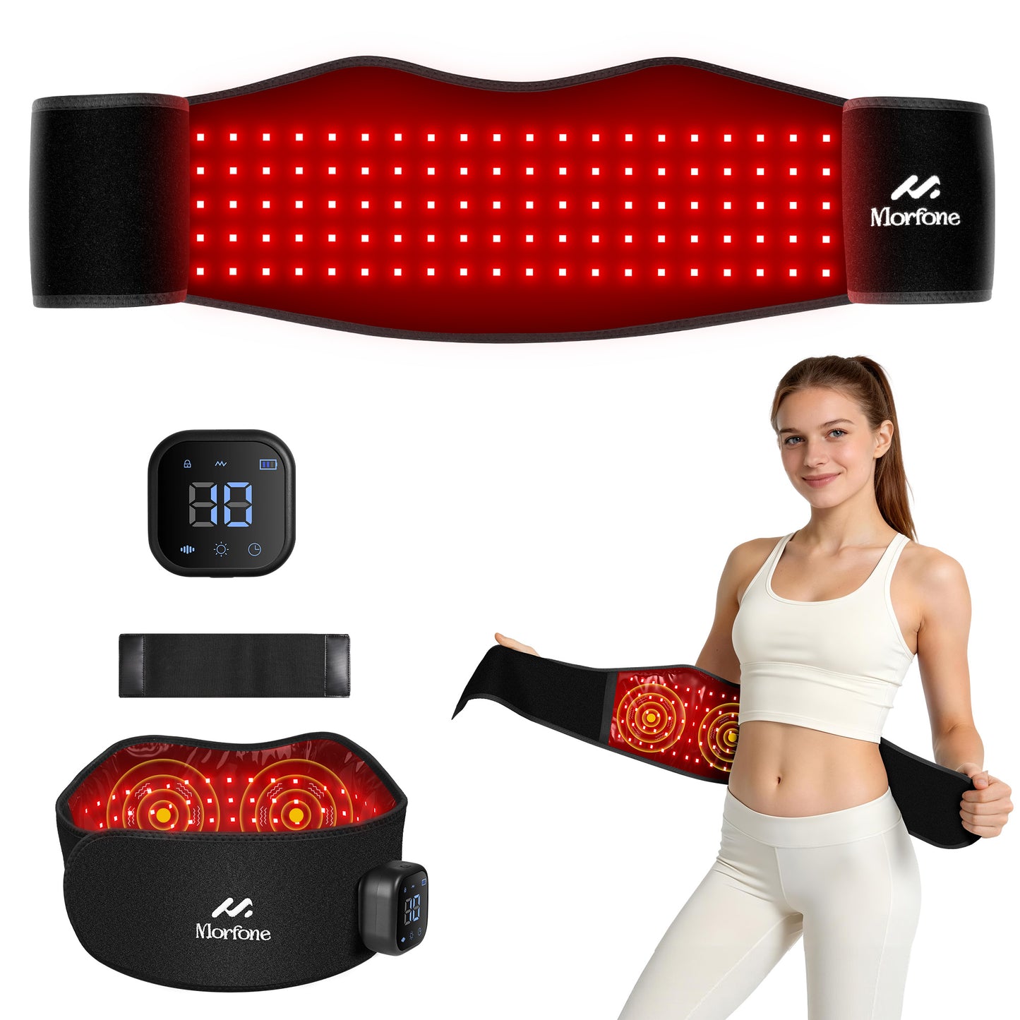 Morfone Cordless Red Light Belt with 3 Heat & 4 Vibration Massage, 660nm & 850n Infrared Red Light Back Massager Belt, Heating Pad for Back Waist Shoulder Leg Knee