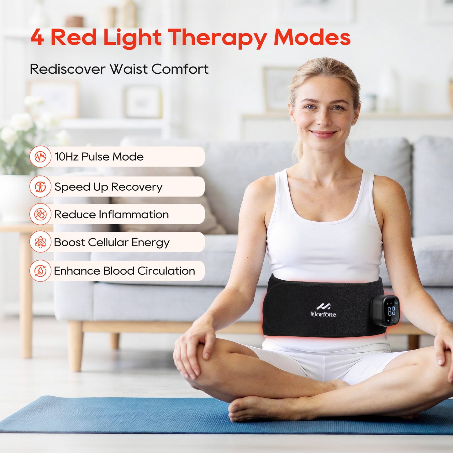 Morfone Cordless Red Light Belt with 3 Heat & 4 Vibration Massage, 660nm & 850n Infrared Red Light Back Massager Belt, Heating Pad for Back Waist Shoulder Leg Knee