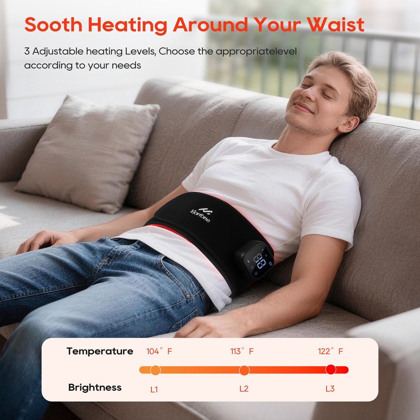 Morfone Cordless Red Light Belt with 3 Heat & 4 Vibration Massage, 660nm & 850n Infrared Red Light Back Massager Belt, Heating Pad for Back Waist Shoulder Leg Knee