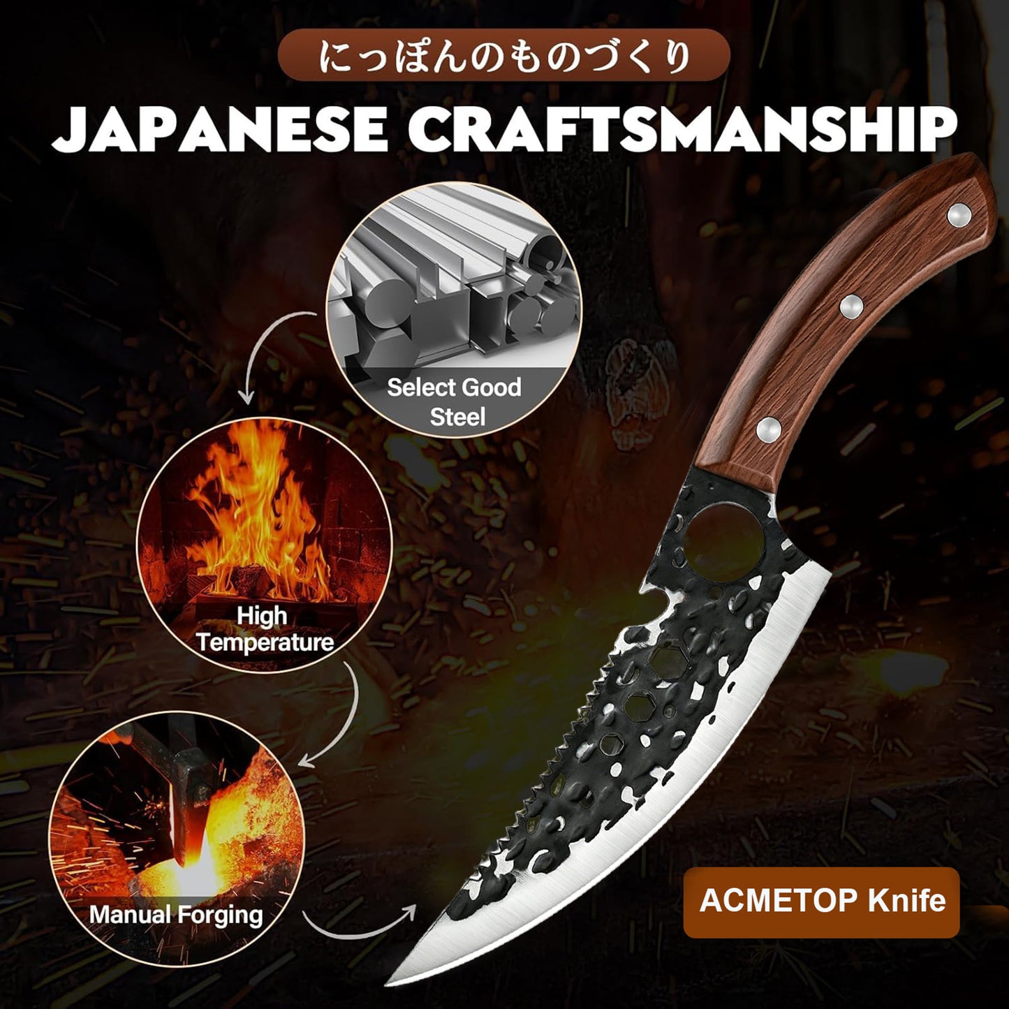 ACMETOP Viking Knife with Sheath - Hand Forged Butcher Knife for Meat Cutting - High Carbon Steel Meat Knives- Multipurpose Japanese Chef Knives for Camping, Outdoor, BBQ, Gift for Men and Women