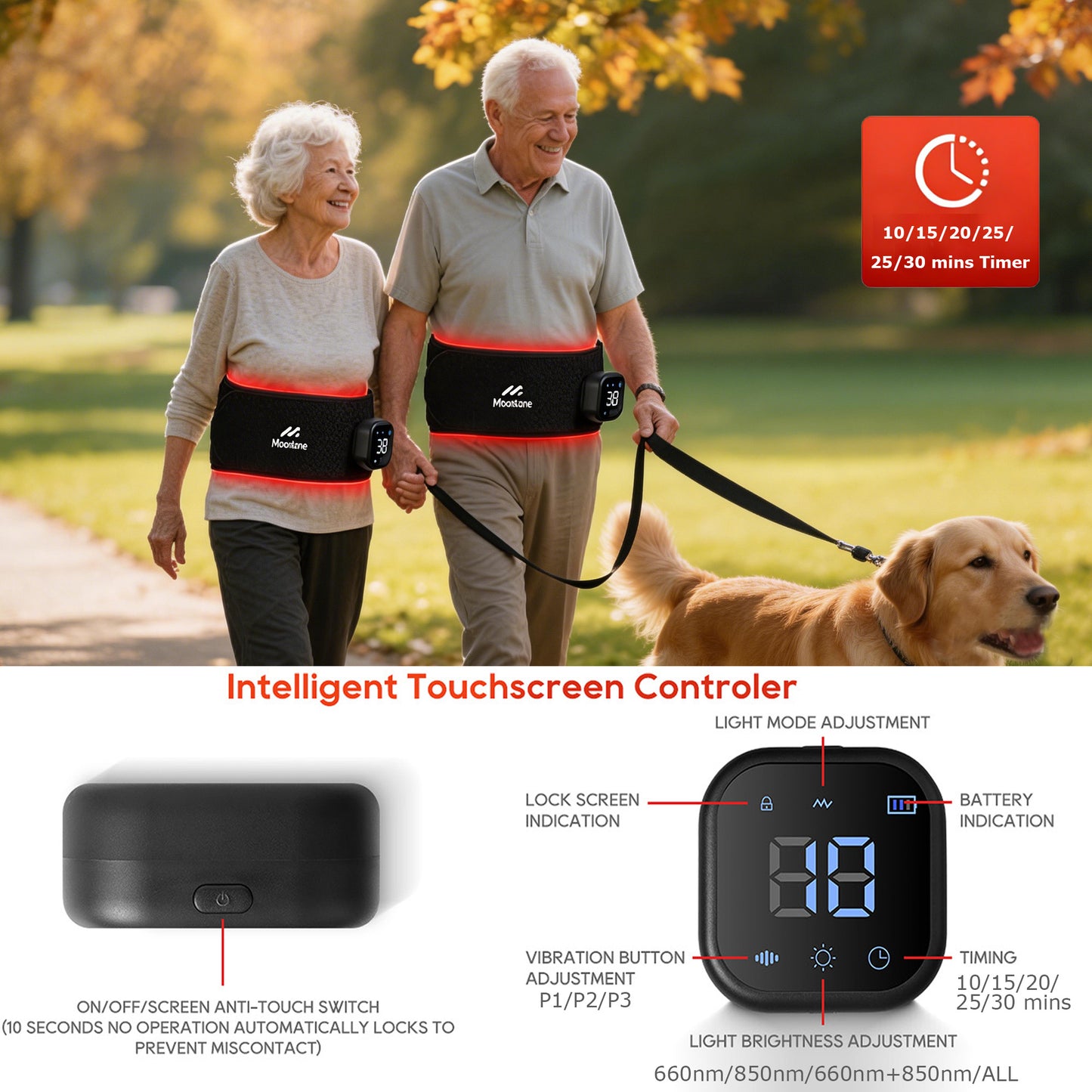 Morfone Cordless Red Light Belt with 3 Heat & 4 Vibration Massage, 660nm & 850n Infrared Red Light Back Massager Belt, Heating Pad for Back Waist Shoulder Leg Knee