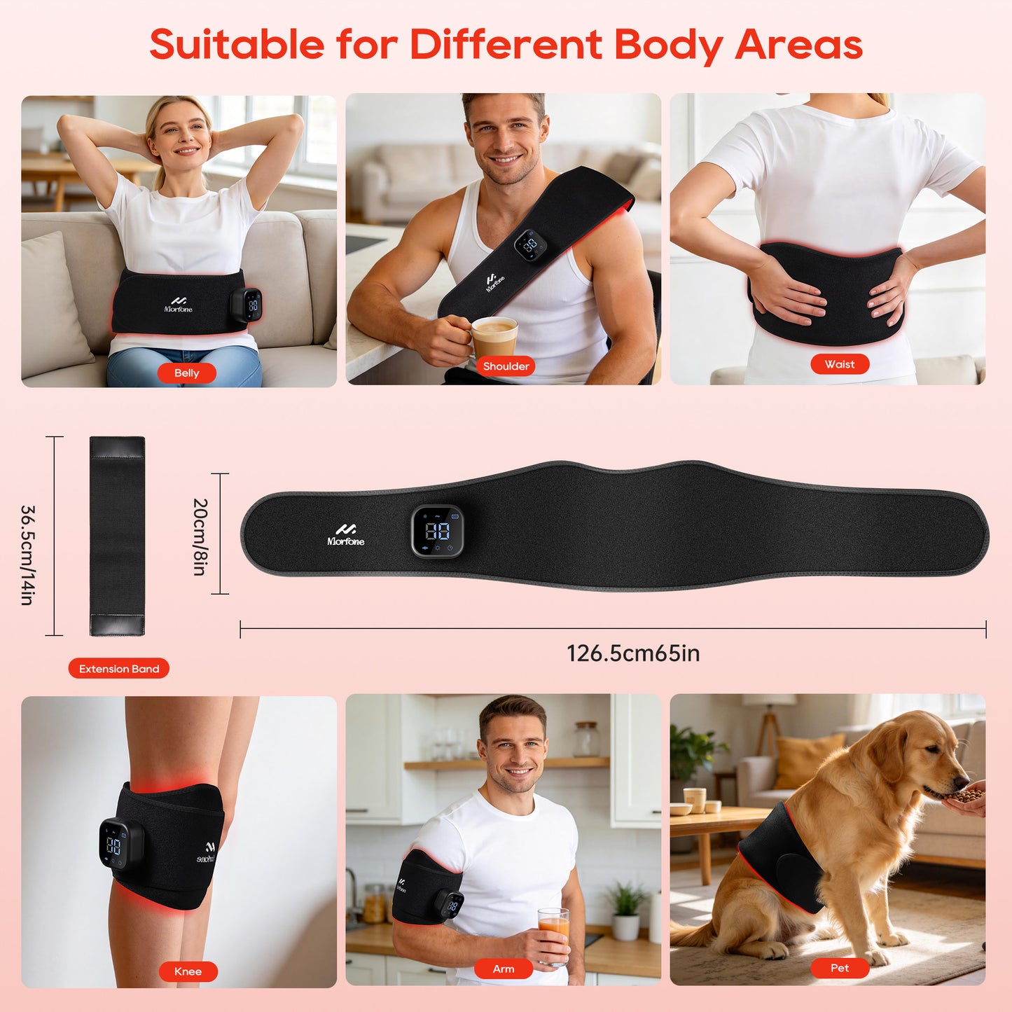 Morfone Cordless Red Light Belt with 3 Heat & 4 Vibration Massage, 660nm & 850n Infrared Red Light Back Massager Belt, Heating Pad for Back Waist Shoulder Leg Knee