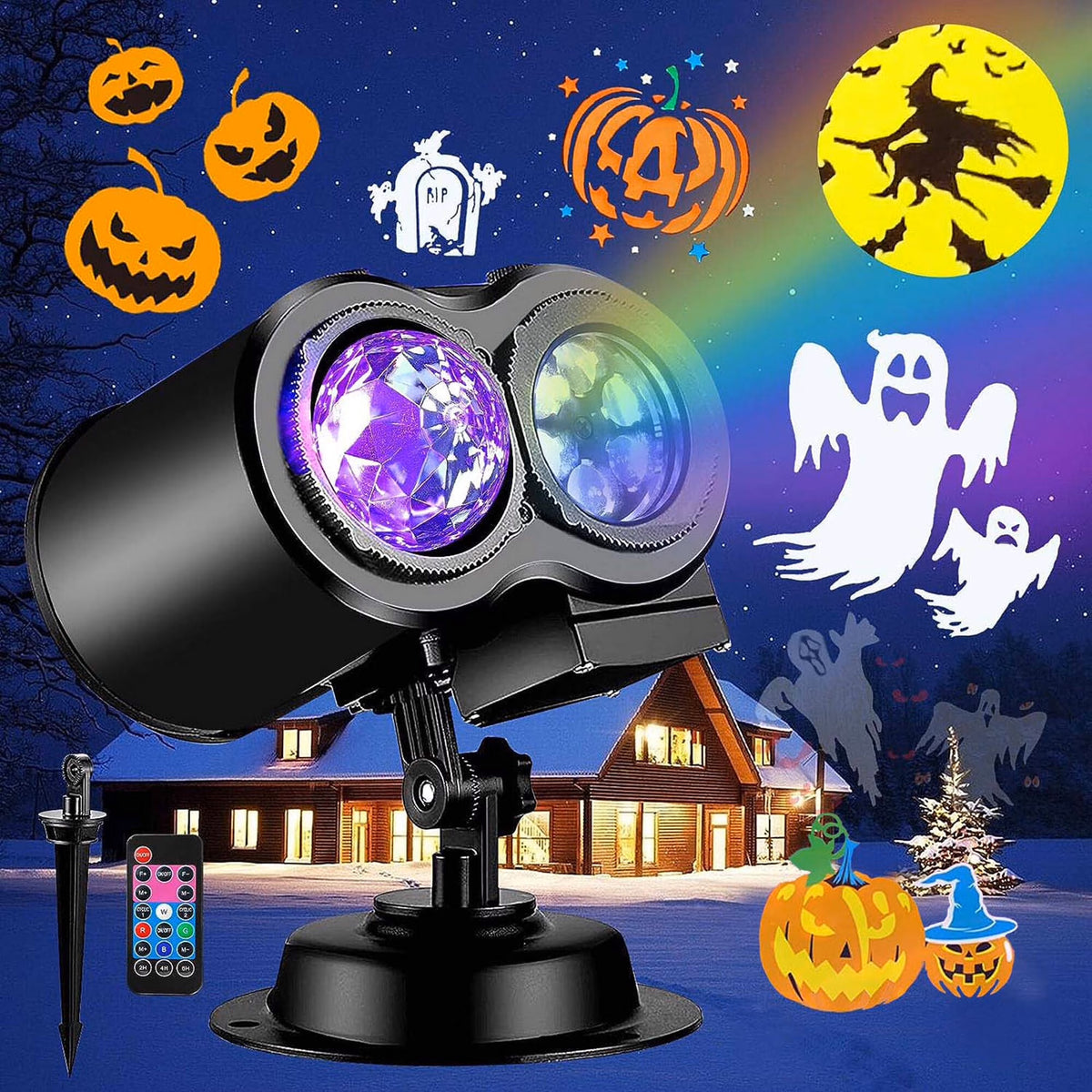 Anoak Halloween Projector Lights Outdoor, 2-in-1 HD Waterproof Holiday Projector with Remote for Halloween, Christmas, Happy New Year Decorations