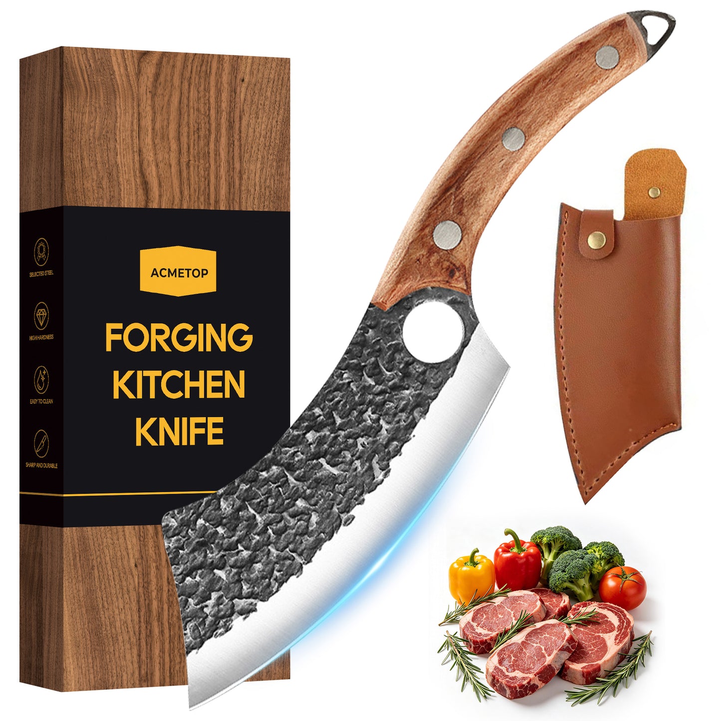 ACMETOP Kitchen Knife, Hand Forged Chef Knife, Meat Cleaver Knife with Sheath, Full Tang Butcher Knife for Camping, BBQ, Christmas Gift for Men and Women