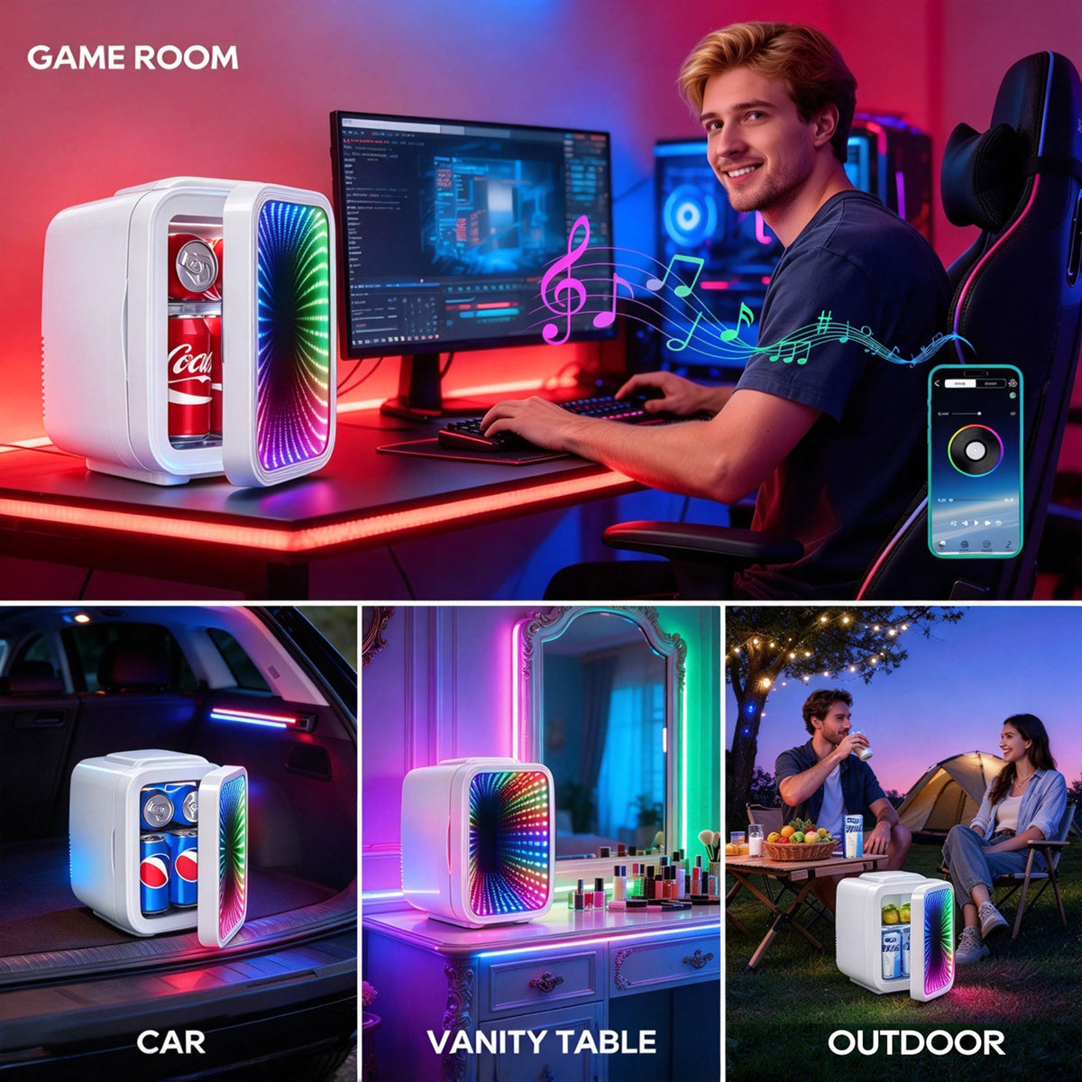 BEICHEN Mini Fridge, 4L/6 Can Small Beverage Refrigerator with LED Gaming Light, AC/DC Portable Cooler & Warmer for Bedroom, Office, Dorm, Car