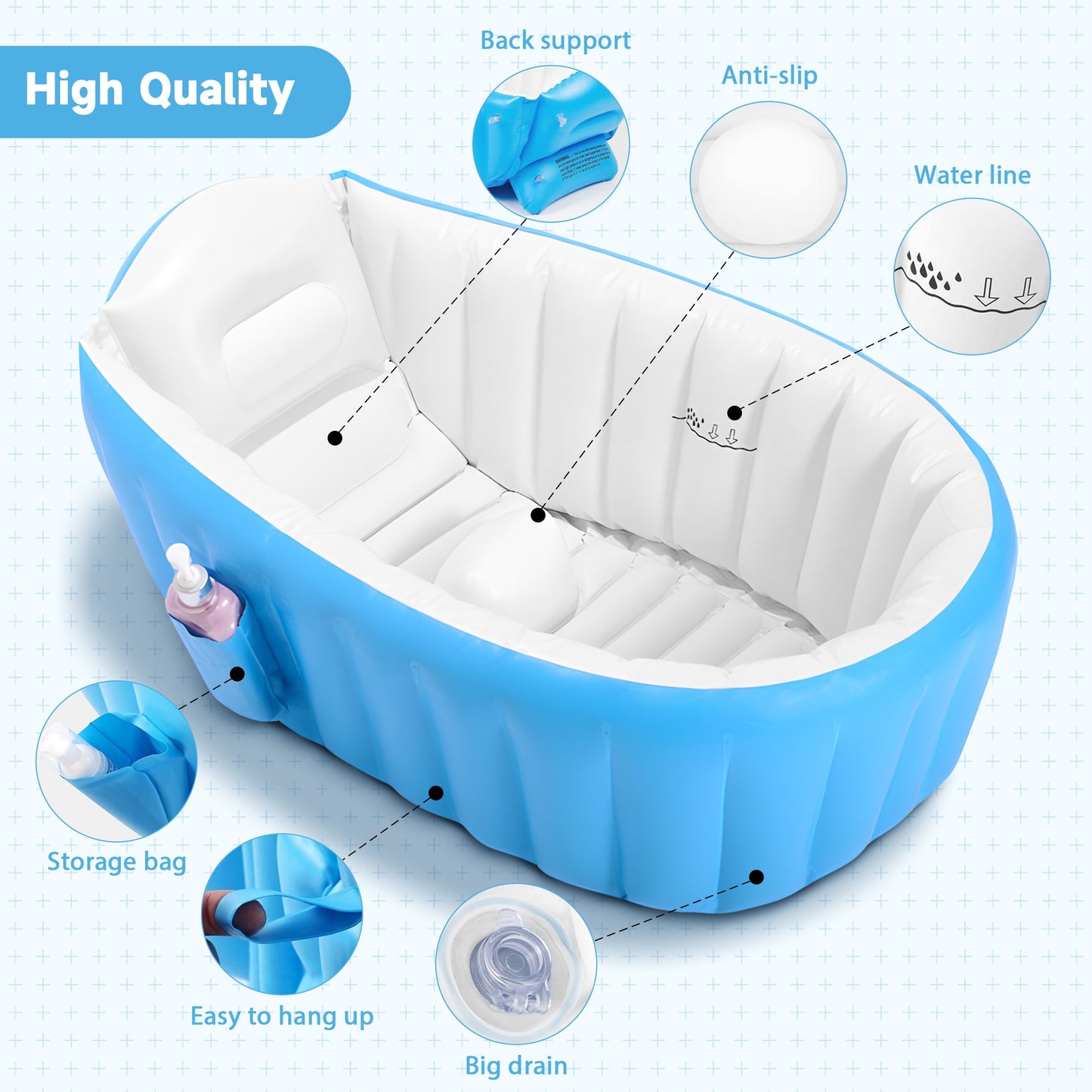 Anoak Inflatable Baby Bathtub for Newborn to Toddler, Portable Travel Infant Baby Bath Tub, Toddler Bathtub with Air Pump, Foldable Non-Slip Shower Basin Collapsible Baby Tub, Blue