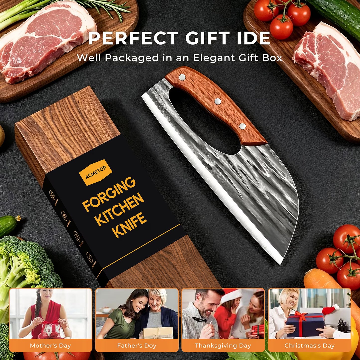 ACMETOP Chef Knife, High Carbon Steel Kitchen Knife for Meat Cutting, Slicing, Camping, BBQ – Essential Kitchen Tool
