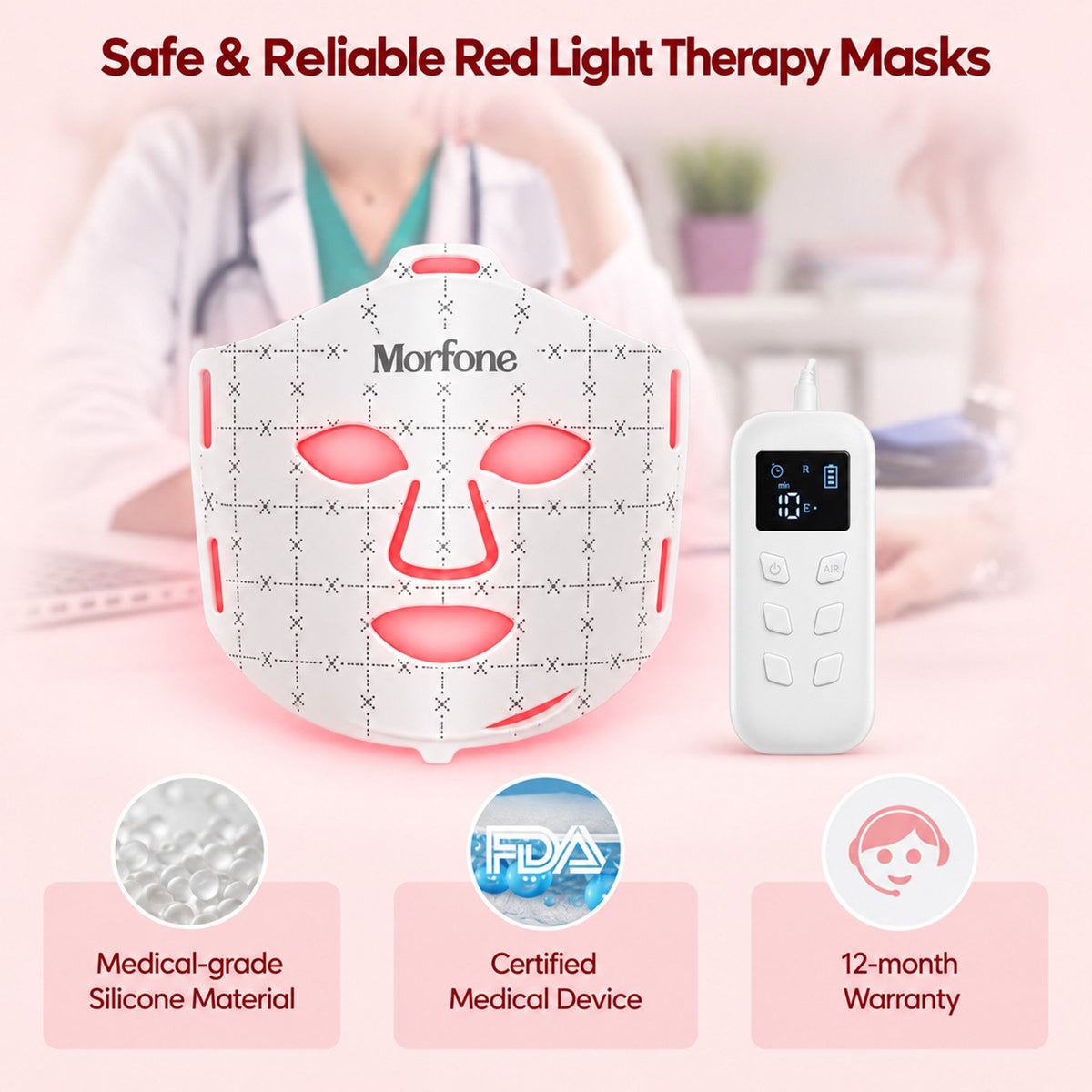Morfone Red Light Therapy for Face, 7 Modes LED Face Mask, 300 LED Red Light Mask, 630nm & 850nm NIR