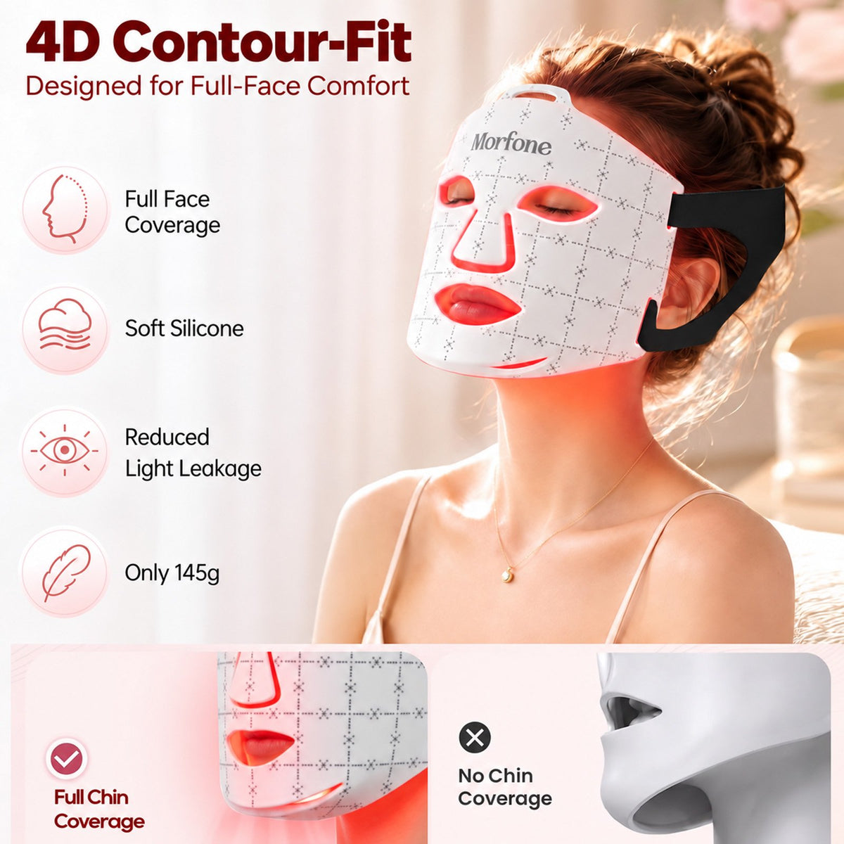 Morfone Red Light Therapy for Face, 7 Modes LED Face Mask, 300 LED Red Light Mask, 630nm & 850nm NIR