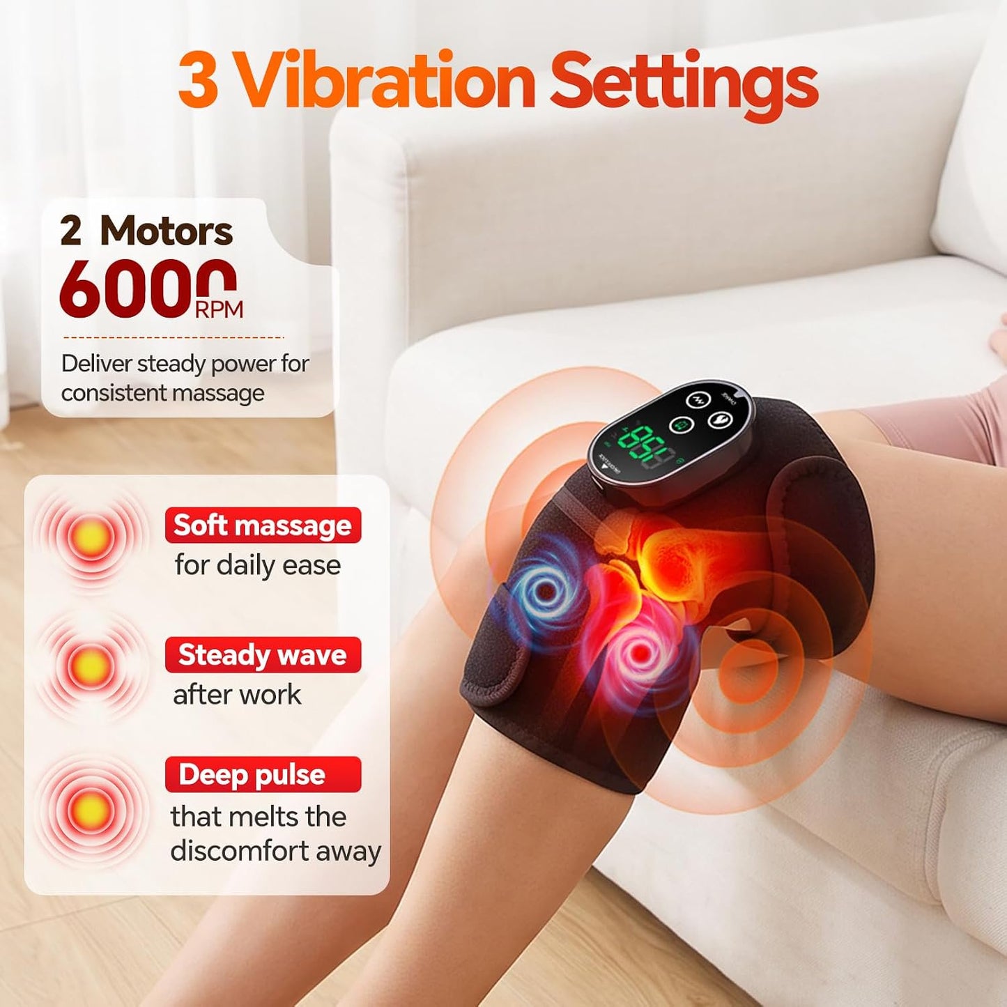 Morfone Cordless Knee Massager with 6 Heat & 3 Vibration, 3-in-1 Heated Knee Brace Wrap, Heating Pad for Knee, Shoulder, Elbow