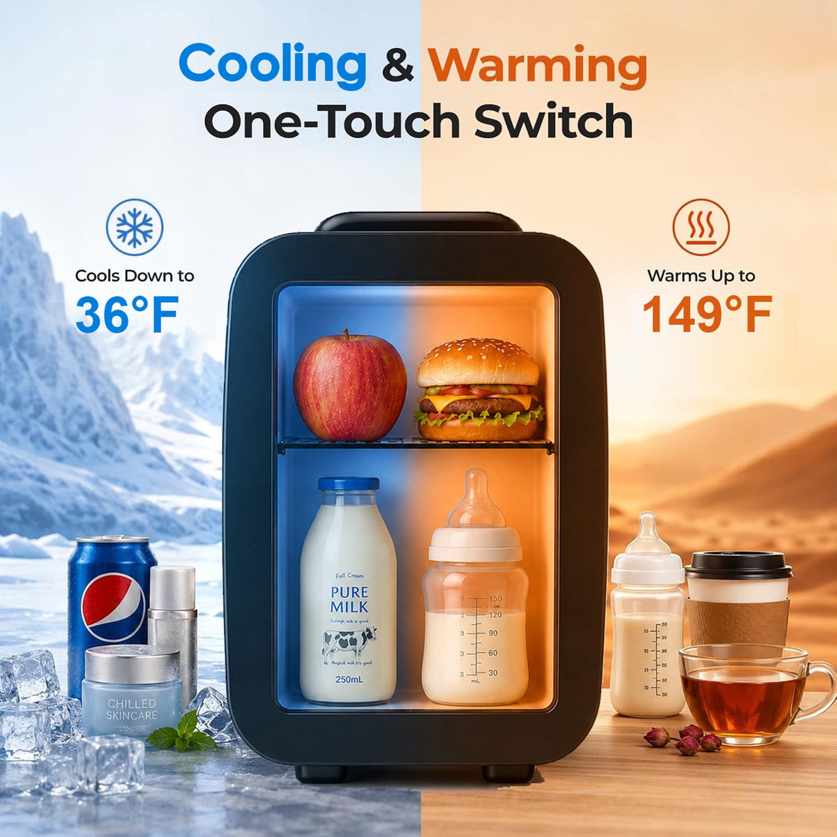BEICHEN Mini Fridge, 4 Liter/6 Can Small Fridge for Bedroom, Car, Office, Brushed Finish, AC/DC