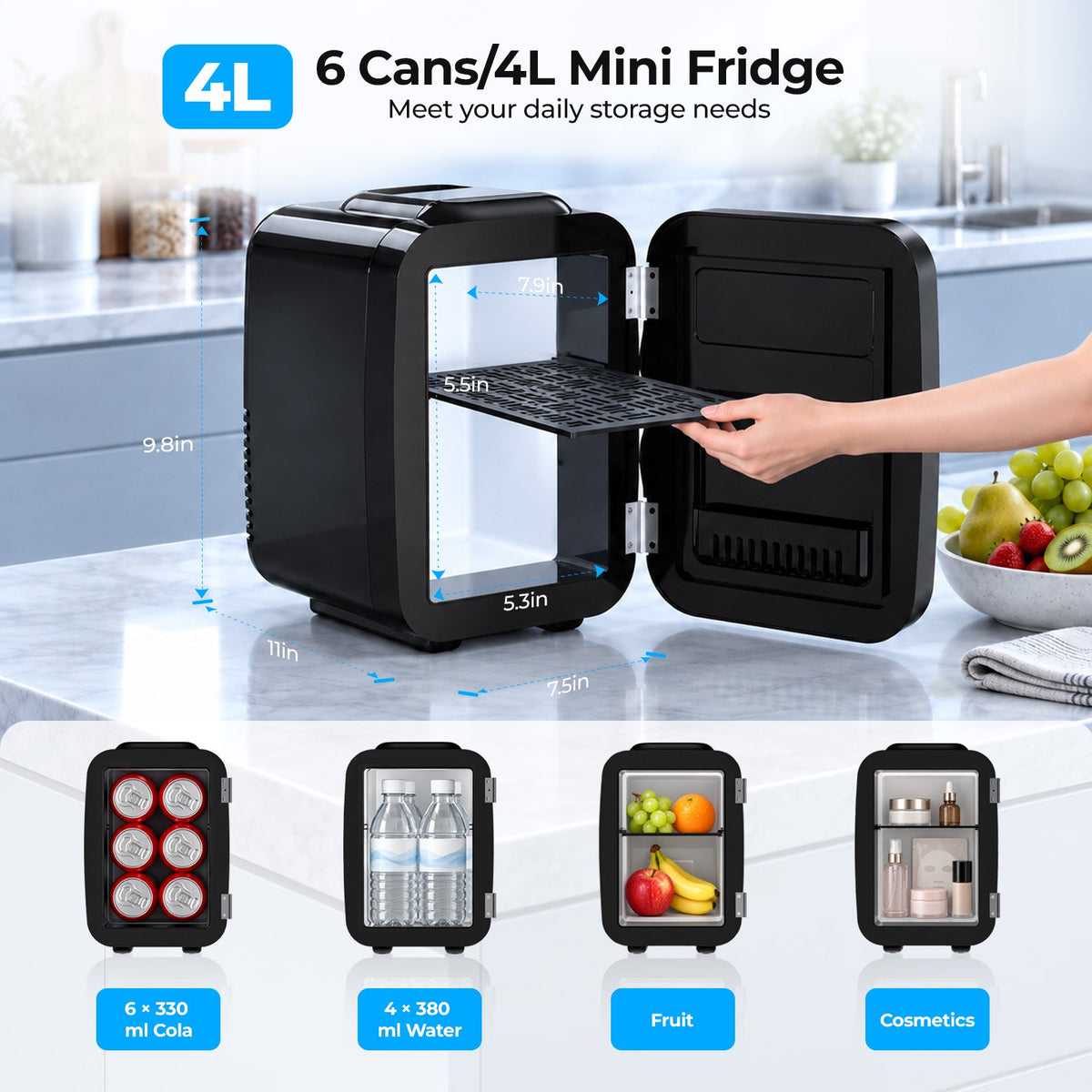 BEICHEN Mini Fridge, 4 Liter/6 Can Small Fridge for Bedroom, Car, Office, Brushed Finish, AC/DC