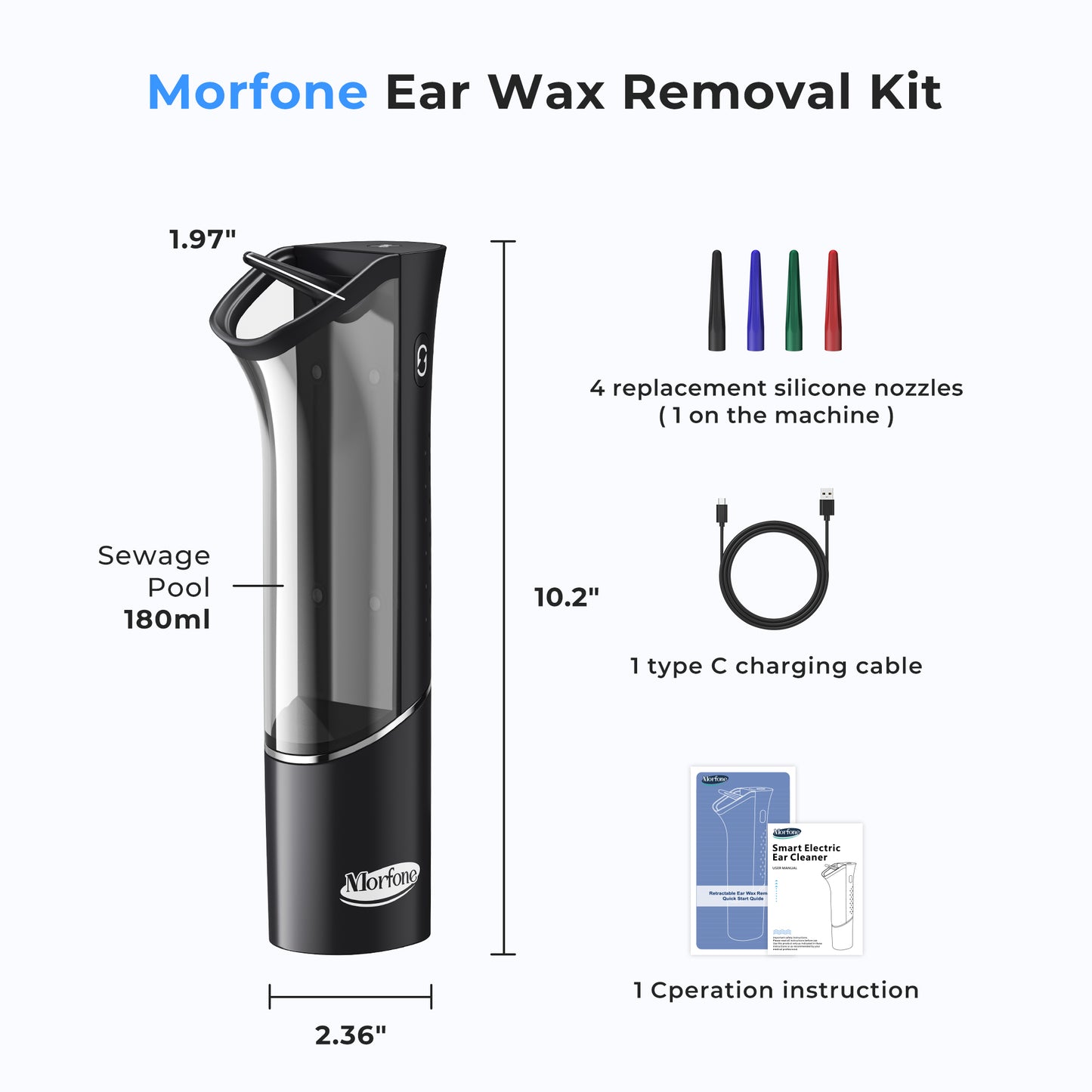 Morfone Ear Wax Removal with Magnetic Waste Tank, Electric Ear Wax Removal Tool, Ear Cleaner with Ear Irrigation Flushing System, 4 Modes, IPX6
