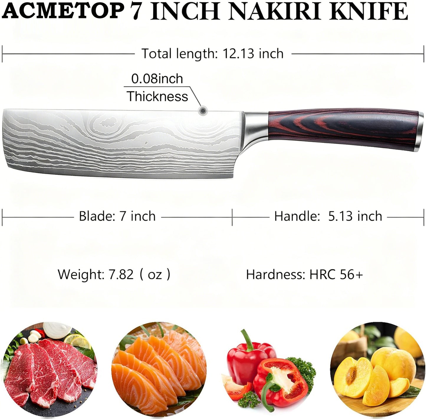 ACMETOP 7 Inch Nakiri Knife, Japanese High Carbon Stainless Steel Chef Knife, Multipurpose Meat Cleaver Sharp Kitchen Knife with Ergonomic Pakkawood Handle