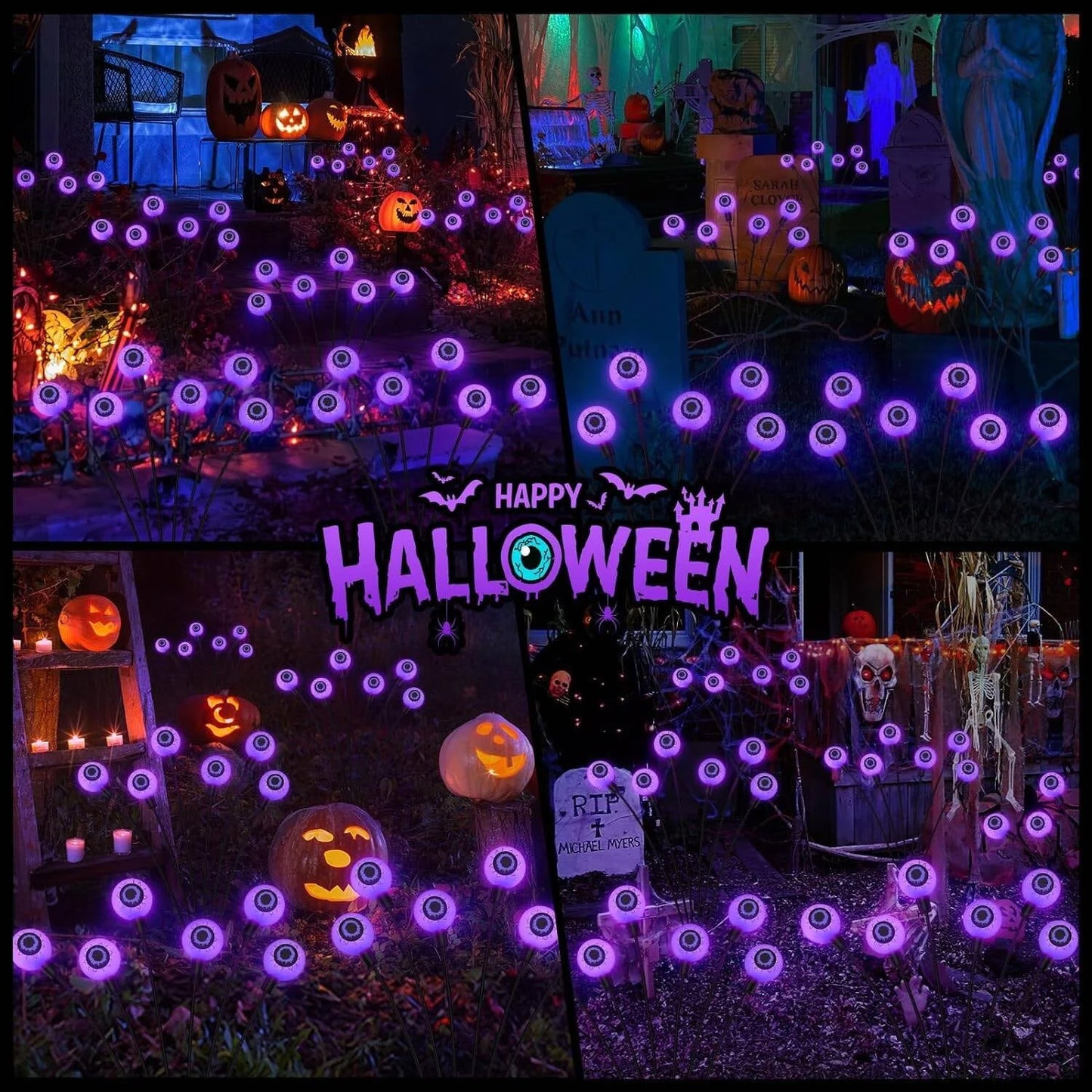Morfone Halloween Decorations Outdoor, 2 Pack 12 LEDs Solar Scary Eyeball Lights, Waterproof Eyeball Swaying Firefly Lights, Halloween Path Lights for Garden Yard Party, Purple