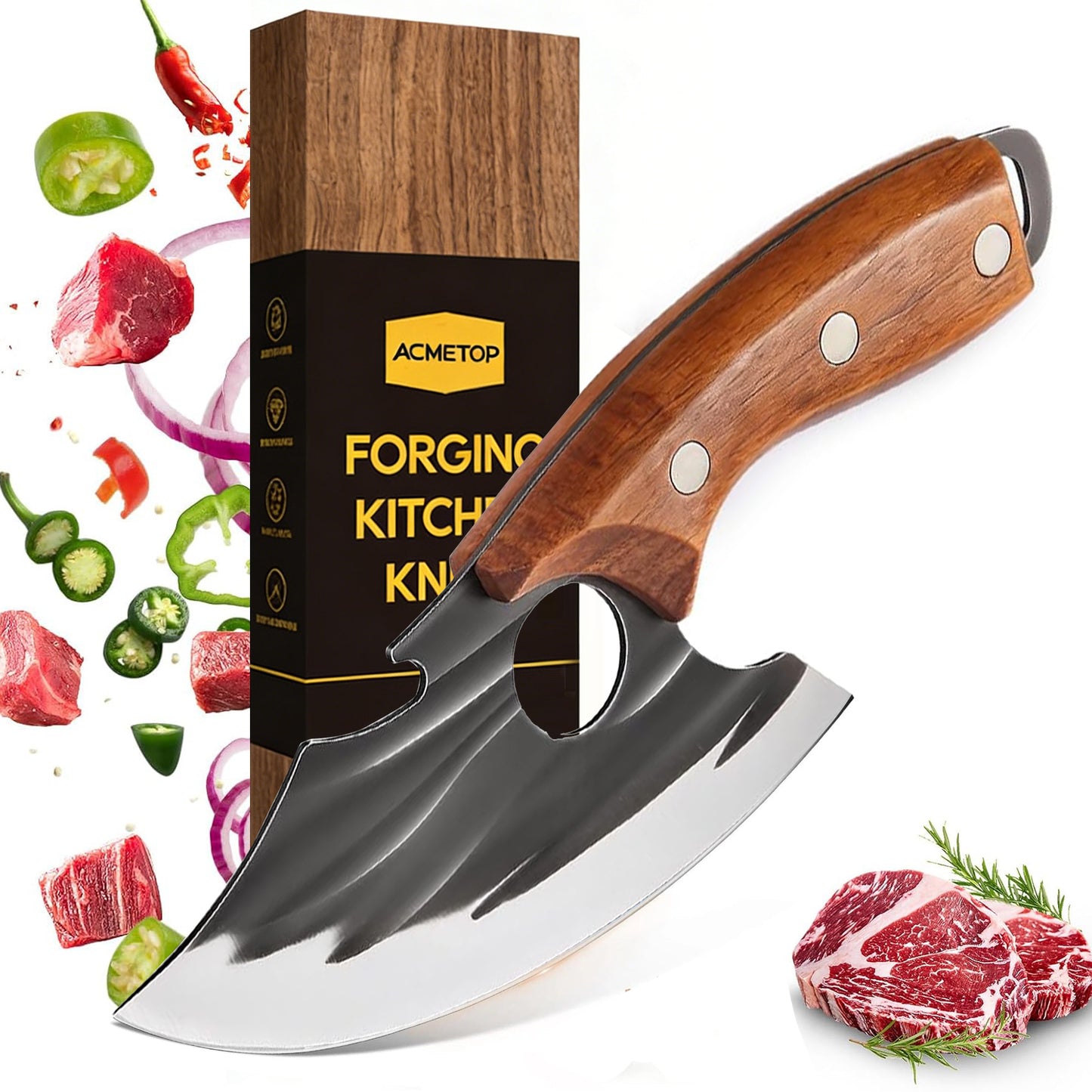 ACMETOP Chef Kitchen Knife, Viking Boning Knife for Meat Cutting, Hand Forged High Carbon Steel Cooking Cutting Knife for Home Camping BBQ