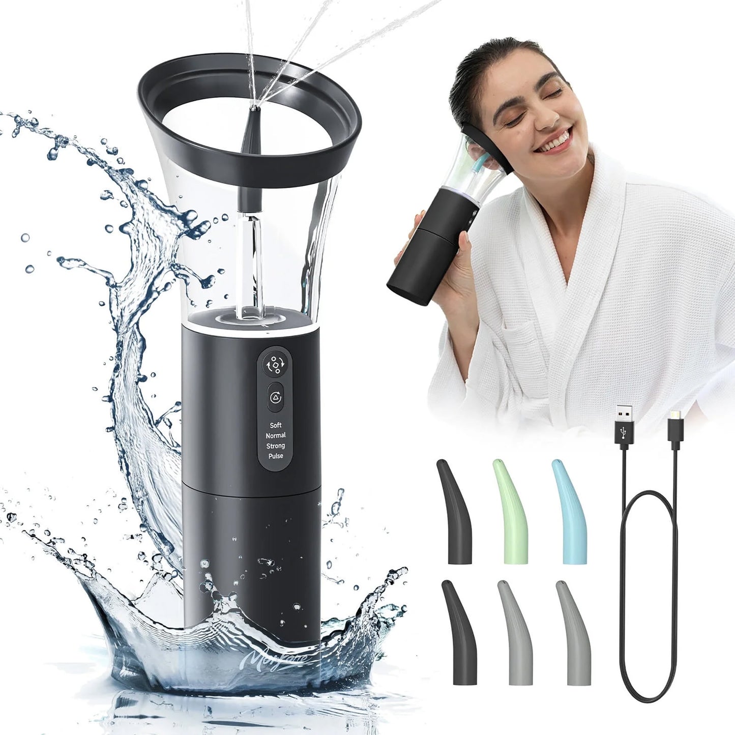 Morfone Ear Wax Removal with One-Piece Waste Tank, Ear Cleaner with Water Temperature Sensor, 4 Pressure Settings, Ear Cleaning Kit for Ear Wax Buildup & USB-C Cable, IPX6