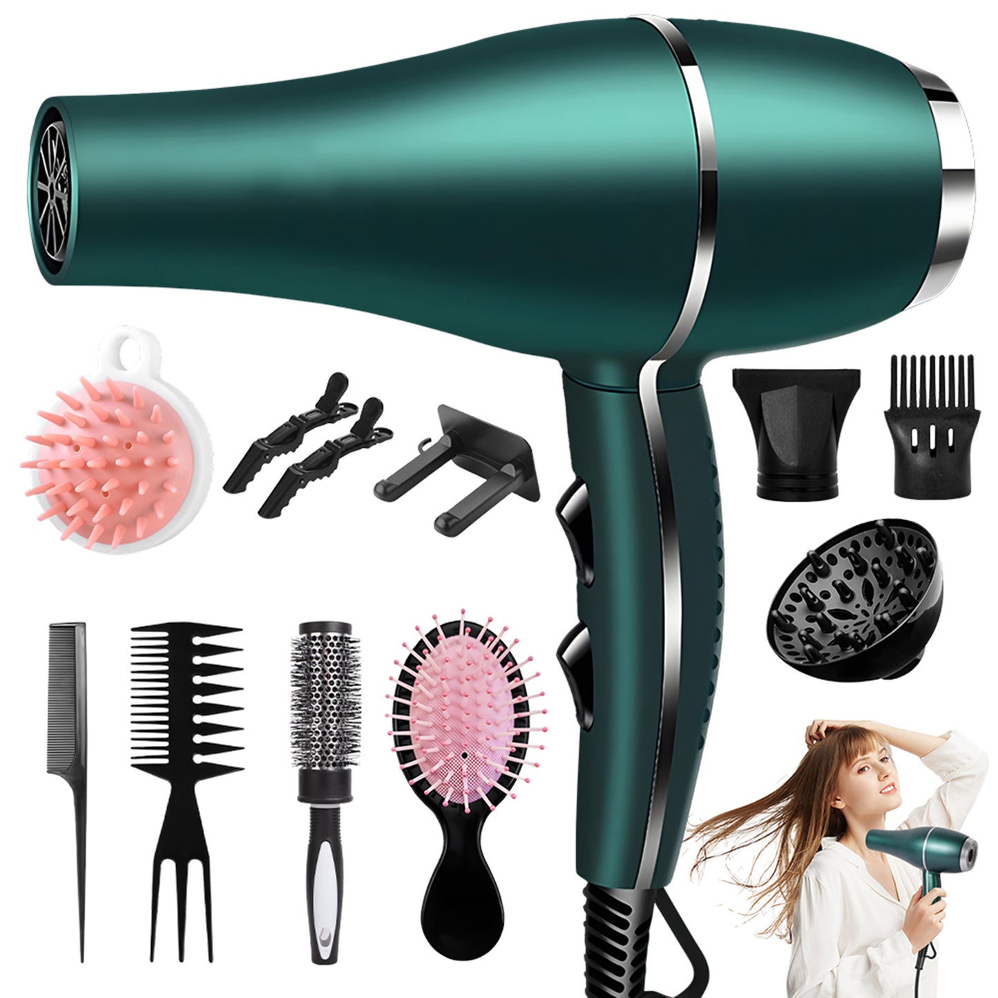 Morfone Hair Dryer, Professional Negative Ionic Thermo-Control Blow Dryer with Hair Diffuser & Nozzle, Green