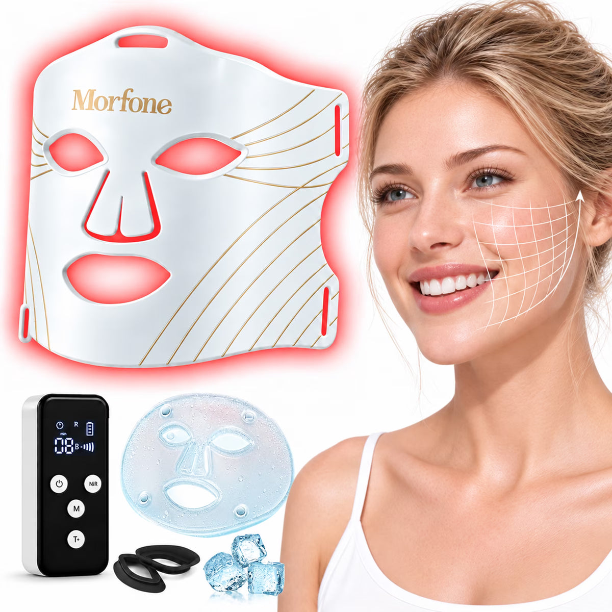 Morfone Red Light Therapy for Face with Cooling Gel Pack, 4 Modes LED Face Mask, 850nm NIR & 660nm Red Light Mask Home Travel Gift