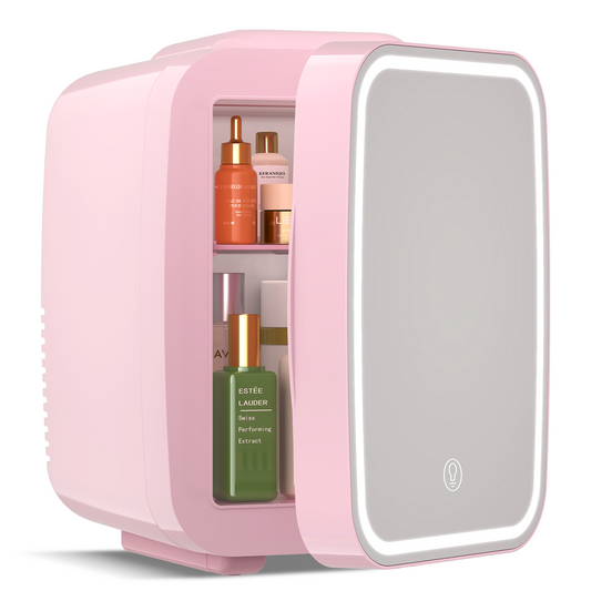 Pink Skincare Fridge | 4L Mini Cooler with Dimmable LED Mirror