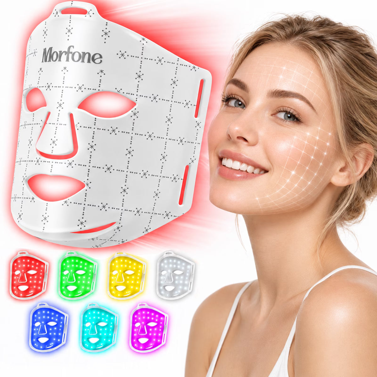 Morfone Red Light Therapy for Face, 7 Modes LED Face Mask, 300 LED Red Light Mask, 630nm & 850nm NIR