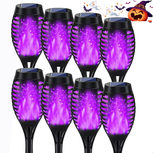 Morfone Purple Halloween Solar Lights for Halloween Decorations Outdoor, 8 Pack Solar Torch Lights with Flickering Flame, Waterproof Outdoor Lighting for Garden Pathway Patio Yard Decor