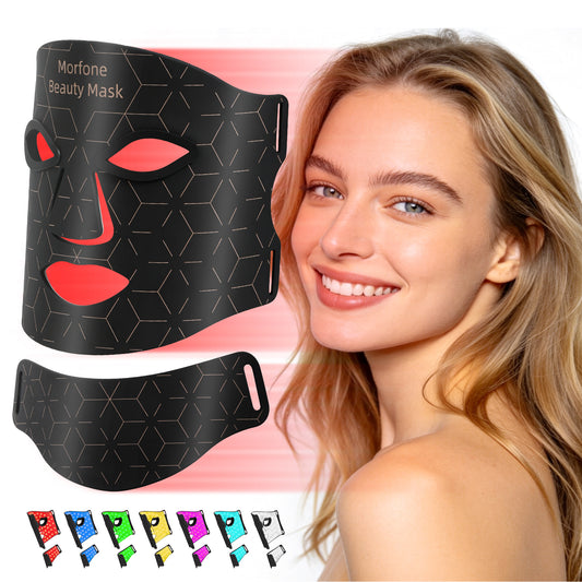Morfone Red Light Therapy Mask for Face & Neck, 7-Color LED Face Mask with with 850nm & 660nm, 5 Brightness, Timer for Home Use Working Travel Yoga