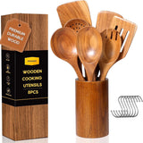 ACMETOP 8-Piece Natural Teak Wooden Spoons for Cooking With 10 Hooks，Handcrafted Kitchen Utensils Set ，Ideal Gift Set