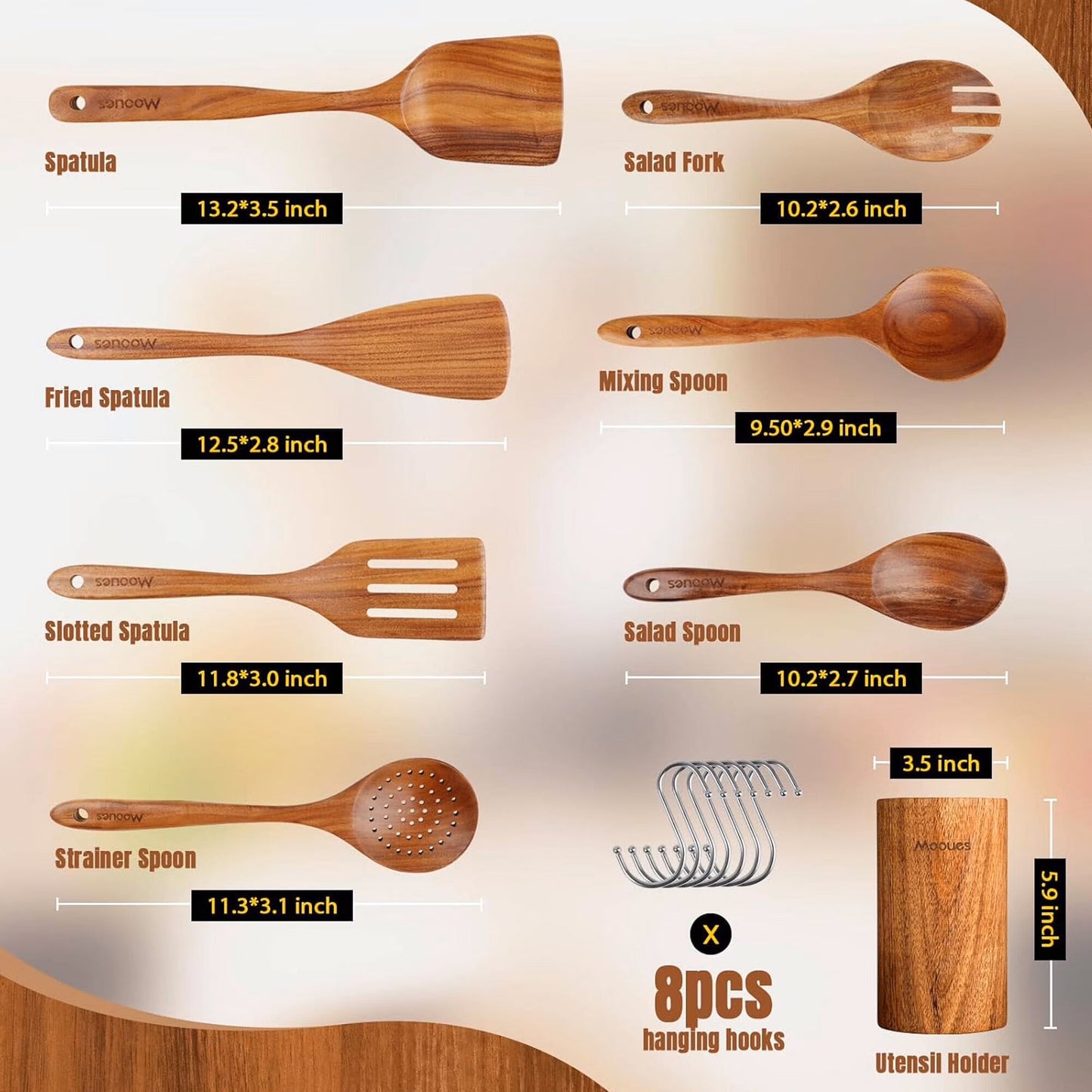 ACMETOP 8-Piece Natural Teak Wooden Spoons for Cooking With 10 Hooks，Handcrafted Kitchen Utensils Set ，Ideal Gift Set