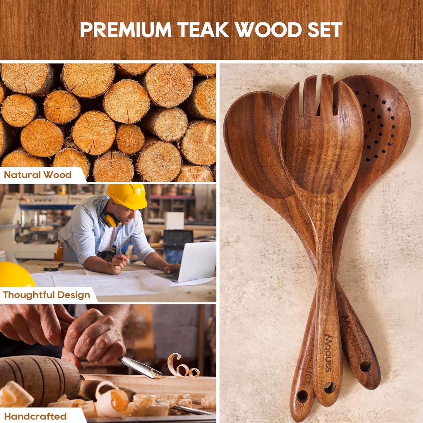 ACMETOP 8-Piece Natural Teak Wooden Spoons for Cooking With 10 Hooks，Handcrafted Kitchen Utensils Set ，Ideal Gift Set