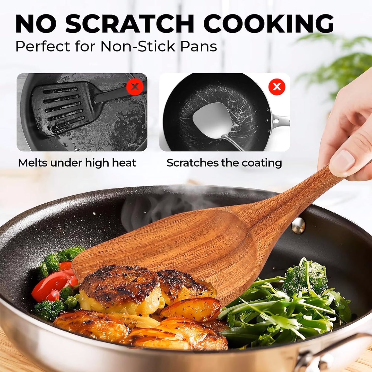 ACMETOP 8-Piece Natural Teak Wooden Spoons for Cooking With 10 Hooks，Handcrafted Kitchen Utensils Set ，Ideal Gift Set