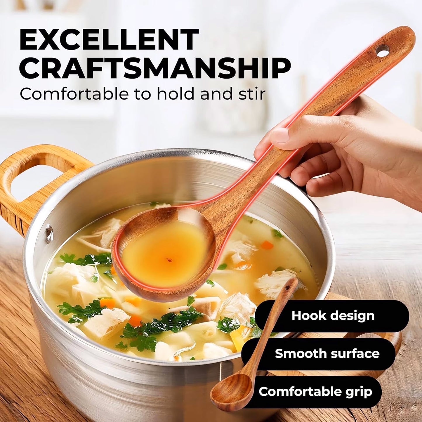 ACMETOP 8-Piece Natural Teak Wooden Spoons for Cooking With 10 Hooks，Handcrafted Kitchen Utensils Set ，Ideal Gift Set