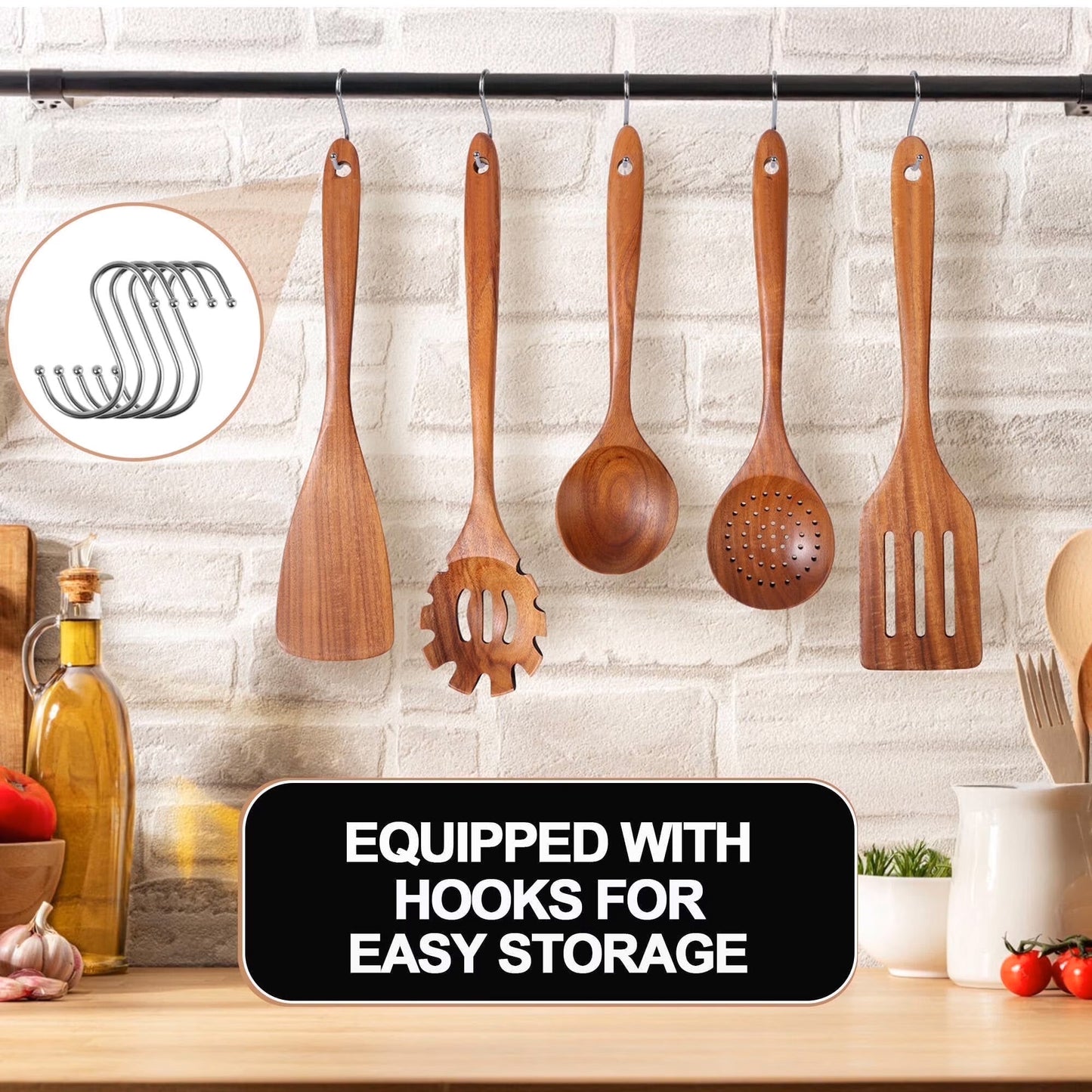 ACMETOP 8-Piece Natural Teak Wooden Spoons for Cooking With 10 Hooks，Handcrafted Kitchen Utensils Set ，Ideal Gift Set