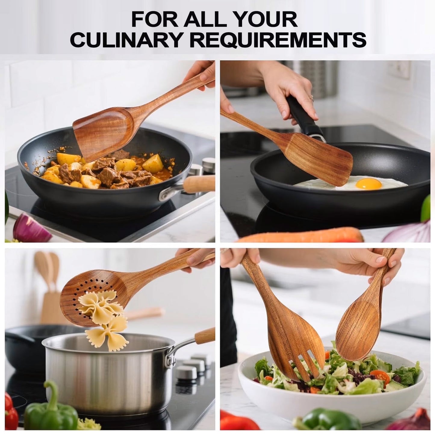 ACMETOP 8-Piece Natural Teak Wooden Spoons for Cooking With 10 Hooks，Handcrafted Kitchen Utensils Set ，Ideal Gift Set