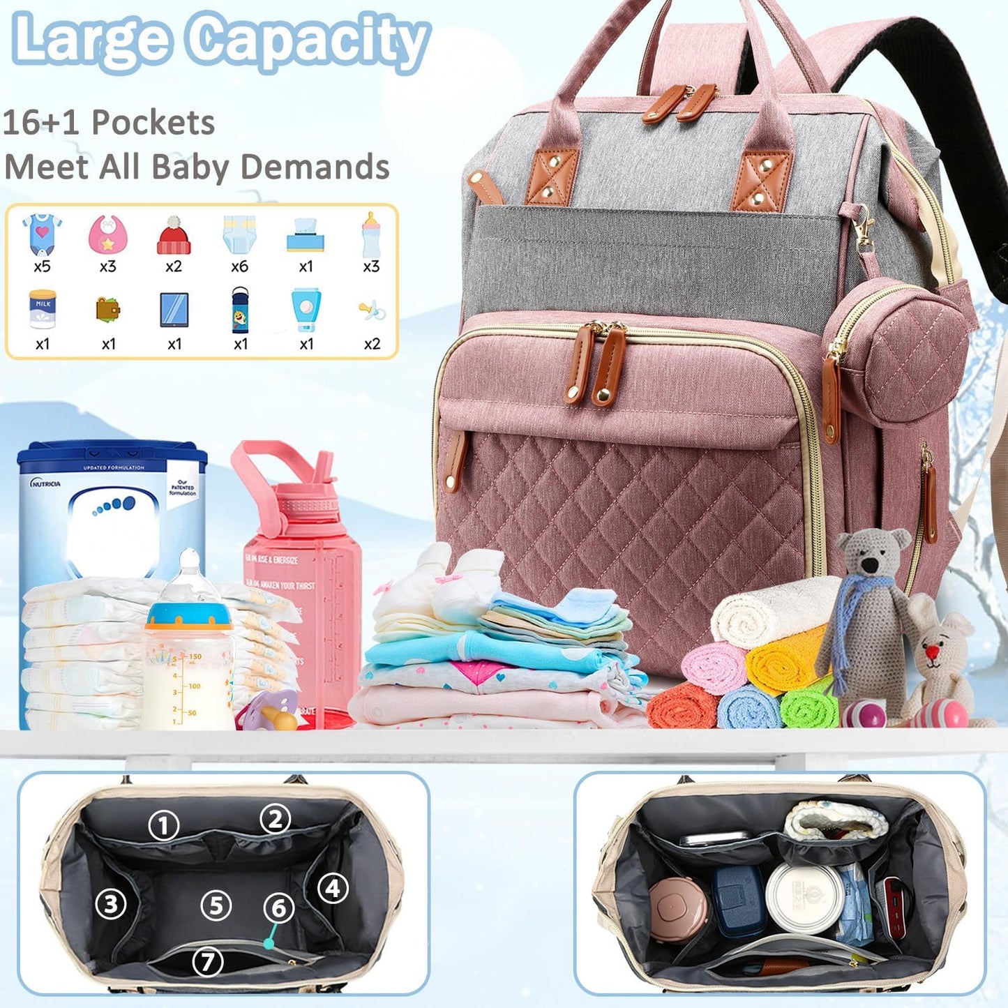 Morfone Baby Diaper Bag Backpack, Multifunction Waterproof Baby Bag with USB Charging Port, Stroller Straps & Pacifier Case Unisex, Pink