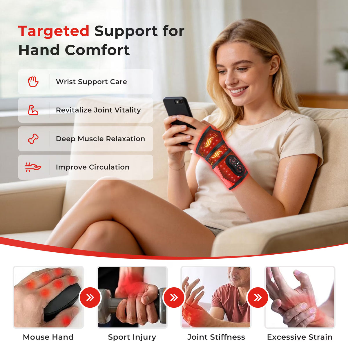 Morfone Red Light Wrist & Hand Wrap, Cordless Wrist Hand Massager with 3 Heat & 3 Vibration, Portable Heated Wrist Brace, Black