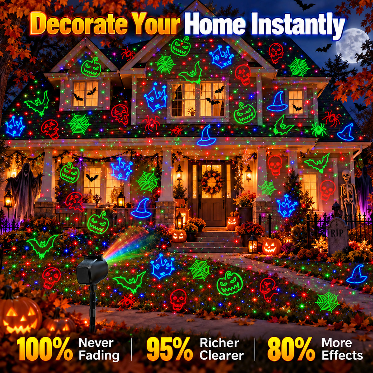 Morfone Halloween Projector Lights, 2 in 1 Waterproof Holiday Projector Lights with Remote, Halloween Decorations Lighting for Outside Home Party House Decor