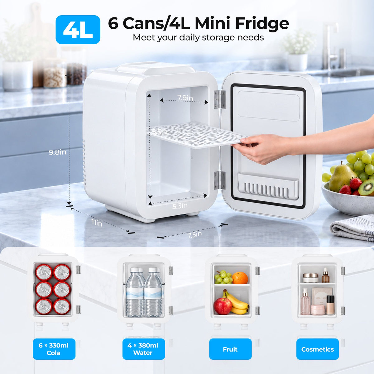 BEICHEN Mini Fridge, 4 Liter/6 Can Small Fridge for Bedroom, Car, Office, Brushed Finish, AC/DC