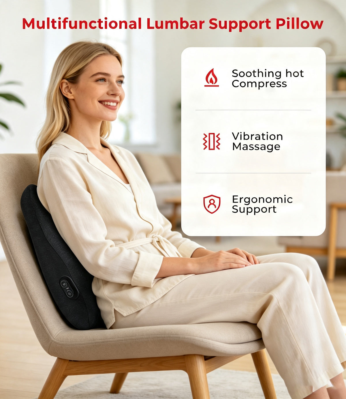 Morfone Lumbar Pillow with Heat and Vibration Massage, Ergonomic Lumbar Support Back Pillow for Lumbar Relaxation, Deep Tissue Massager for Office Chair, Car Seat and Sofa Use