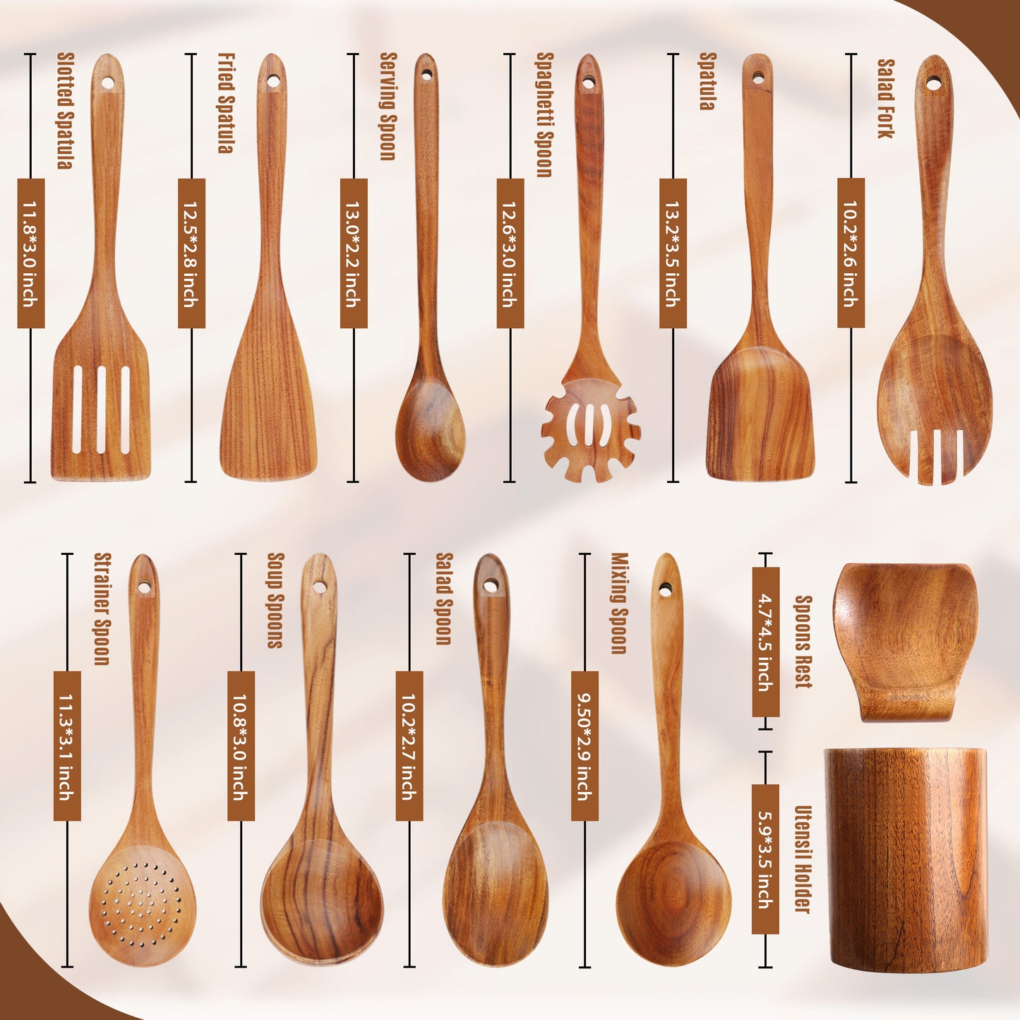 ACMETOP 12-Piece Natural Teak Wooden Spoons for Cooking With 10 Hooks，Handcrafted Kitchen Utensils Set ，Ideal Gift Set