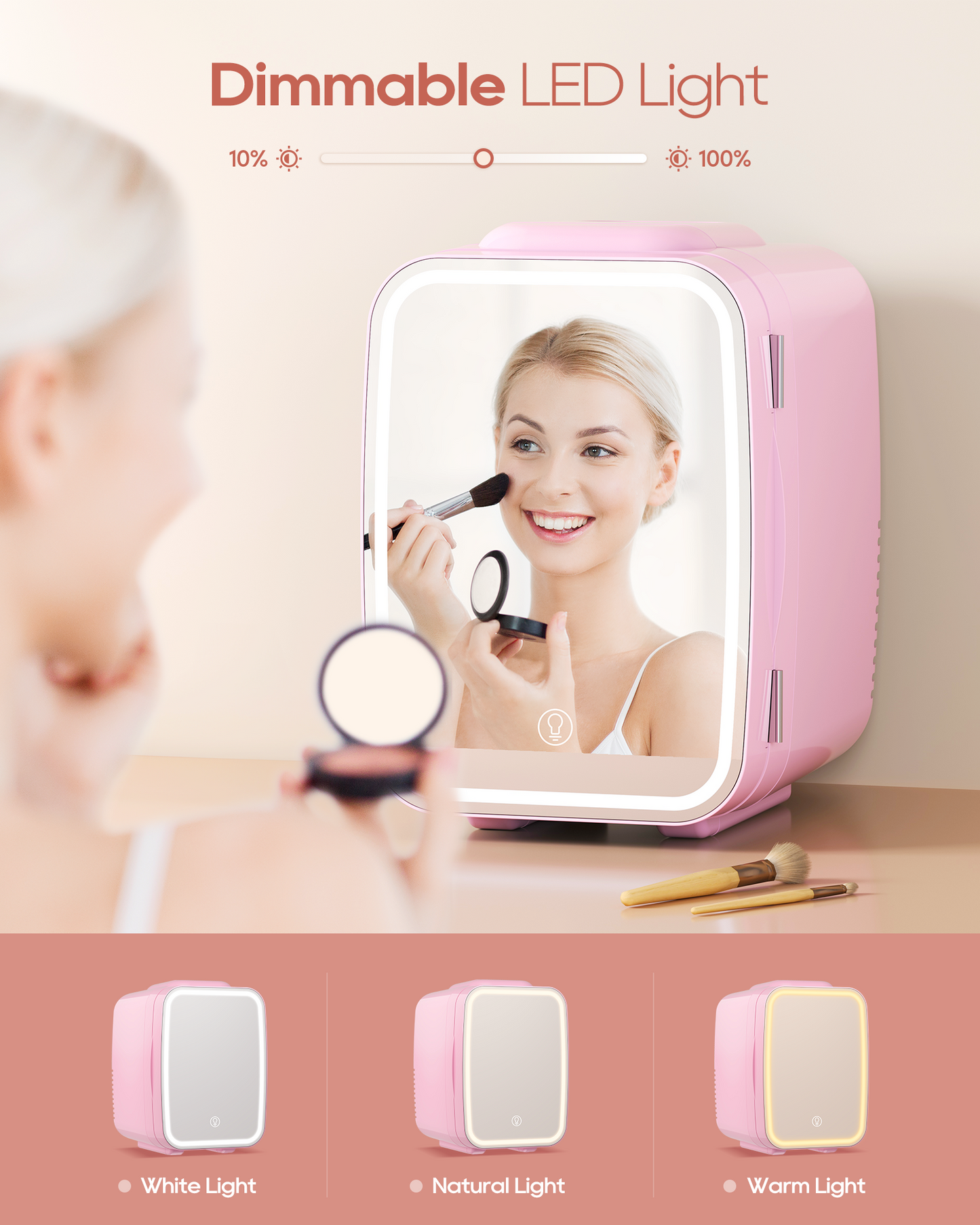 Pink Skincare Fridge | 4L Mini Cooler with Dimmable LED Mirror