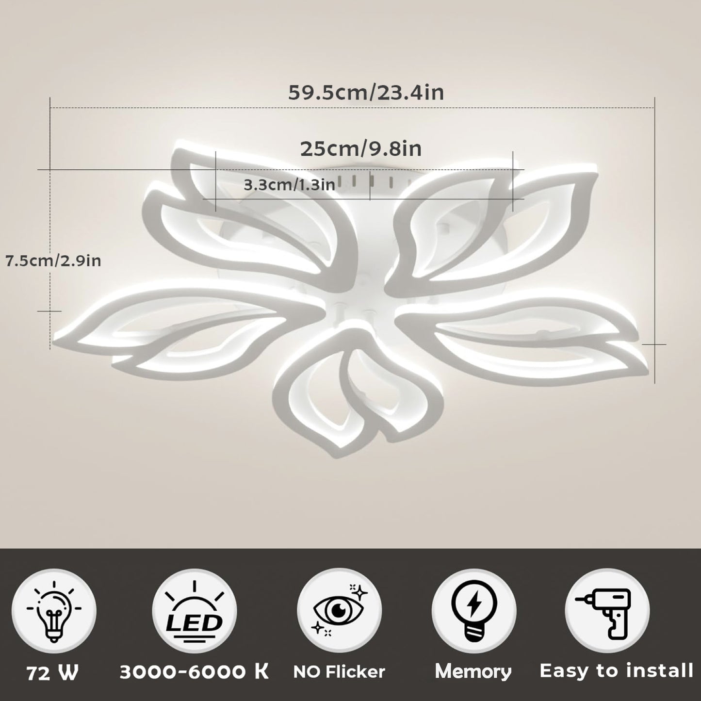 Anoak Ceiling Light,Dimmable Modern LED Ceiling Light with Remote, 23.6" 5-Petal Flower Light Fixtures for Living Room, Dining Room, Bedroom, Kitchen