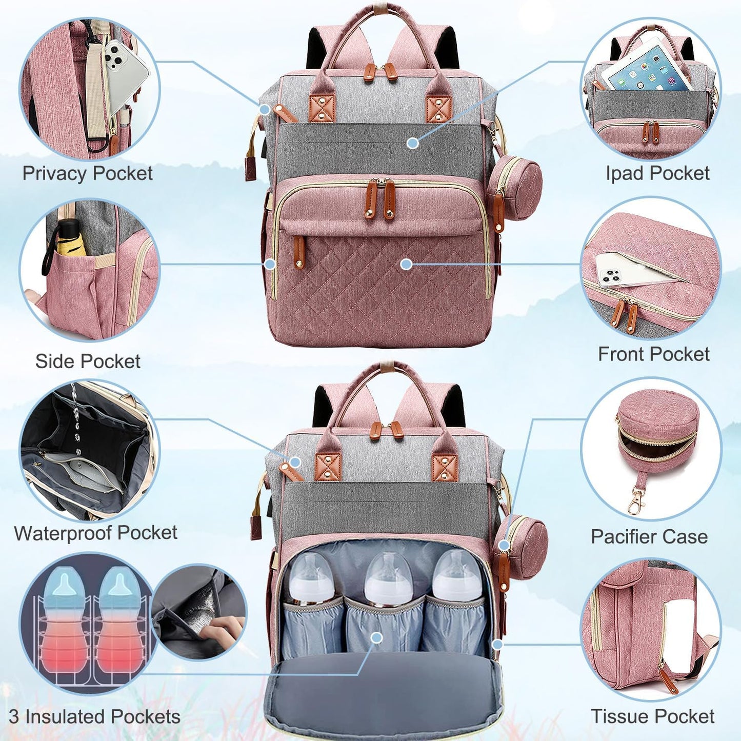 Morfone Baby Diaper Bag Backpack, Multifunction Waterproof Baby Bag with USB Charging Port, Stroller Straps & Pacifier Case Unisex, Pink