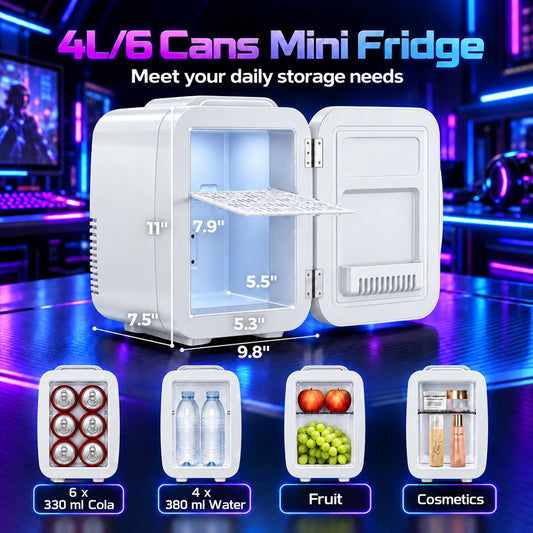 4L Mini Fridge, Small Refrigerator with 6-Color LED Light, Skincare Fridge for Bedroom, Gaming Room, Office, Car, Dorm (White)