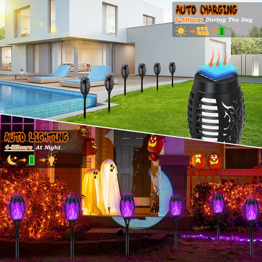 Morfone Purple Halloween Solar Lights for Halloween Decorations Outdoor, 8 Pack Solar Torch Lights with Flickering Flame, Waterproof Outdoor Lighting for Garden Pathway Patio Yard Decor