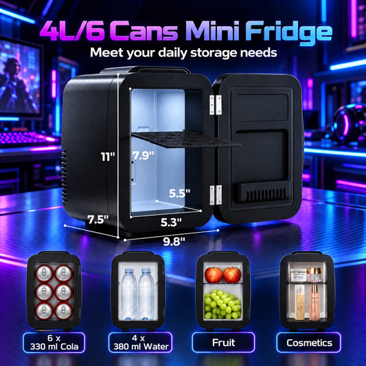 4L Mini Fridge, Small Refrigerator with 6-Color LED Light, Skincare Fridge for Bedroom, Gaming Room, Office, Car, Dorm (Black)